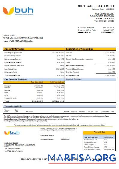 Realistic Haiti BUH bank mortgage statement scr download for verification